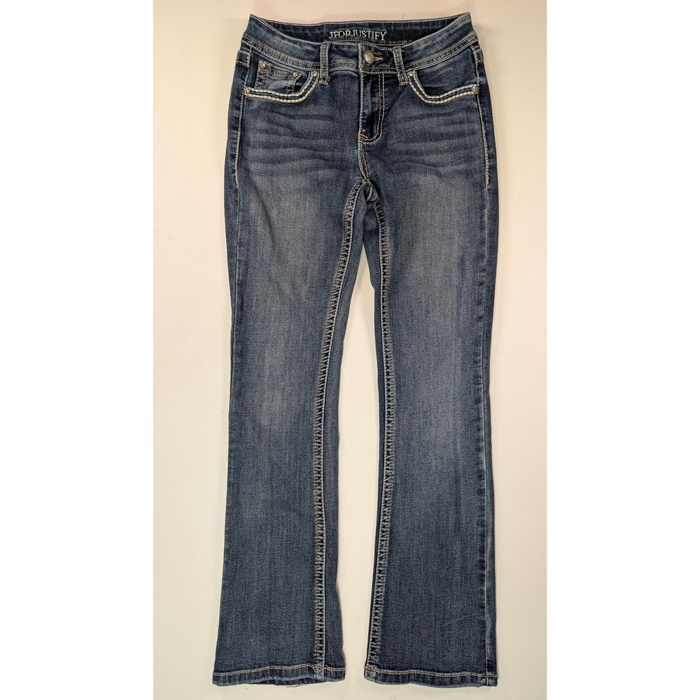 J For Justify Womens Bootcut Jeans Blue Medium Wash Cross Rhinestone Size 7